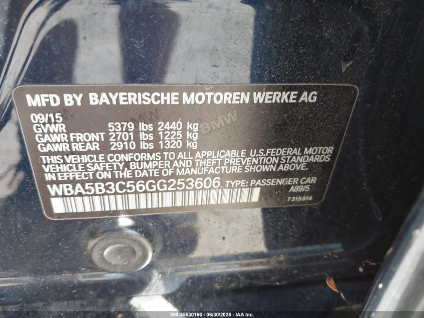 2016 BMW 5er VIN WBA5B3C56GG253606 IAAI salvage auction — NORMAL WEAR, Clear (Virginia), sold $1,300 on 2026-07-24 (photo 9)