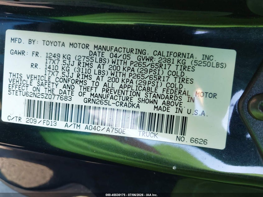 2005 Toyota Tacoma VIN 5TETU62N25Z077683 IAAI salvage auction — LEFT FRONT, Salvage Certificate (California), sold $2,550 on 2026-07-24 (photo 9)