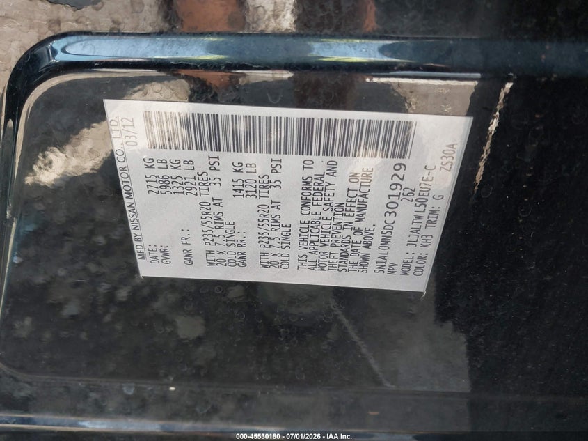 2013 Infiniti VIN 5N1AL0MN5DC301929 IAAI salvage auction — RIGHT SIDE, Salvage Title, sold $350 on 2026-07-23 (photo 9)
