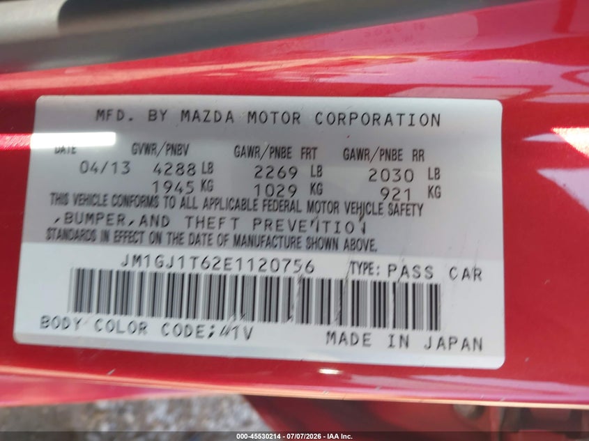2014 Mazda 6 VIN JM1GJ1T62E1120756 IAAI salvage auction — NORMAL WEAR, Clear (Michigan), sold $1,050 on 2026-07-21 (photo 9)
