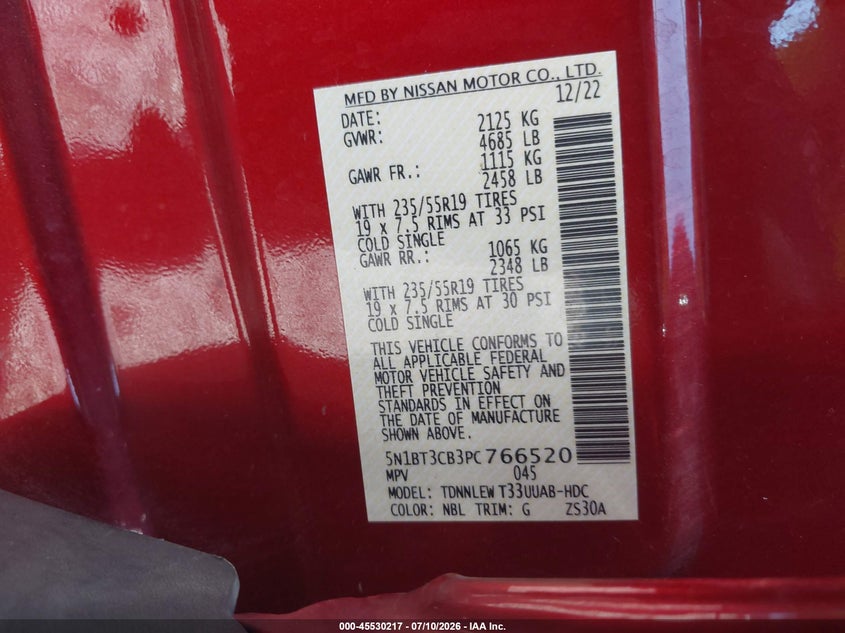 2023 Nissan Rogue VIN 5N1BT3CB3PC766520 IAAI salvage auction — RIGHT SIDE, Salvage Title, sold $7,100 on 2026-07-29 (photo 9)