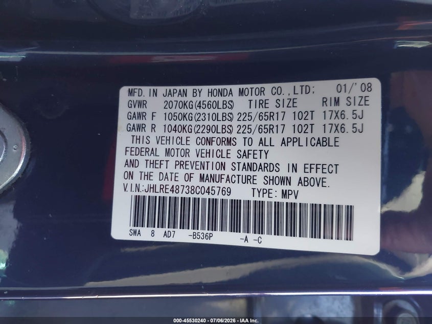 2008 Honda Cr-v VIN JHLRE48738C045769 IAAI salvage auction — FRONT END, Salvage (California), sold $1,800 on 2026-07-30 (photo 9)
