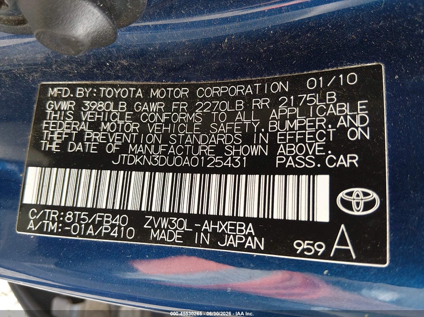 2010 Toyota Prius VIN JTDKN3DU0A0125431 IAAI salvage auction — NORMAL WEAR, Peddle Clear Public-Restricted (Oregon), sold $1,900 on 2026-07-20 (photo 9)