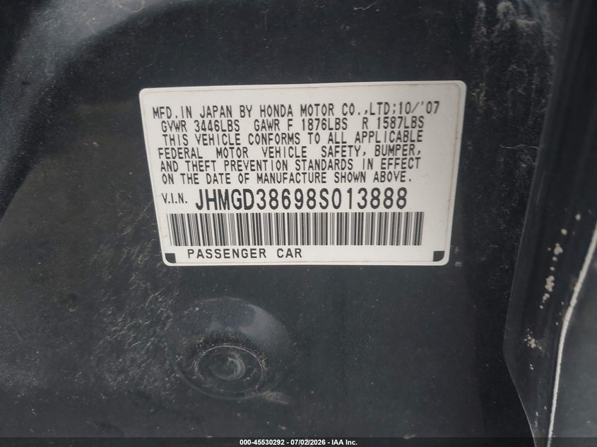 2008 Honda Fit VIN JHMGD38698S013888 IAAI salvage auction — NORMAL WEAR, Certificate Of Title (Nebraska), sold $25 on 2026-07-30 (photo 9)