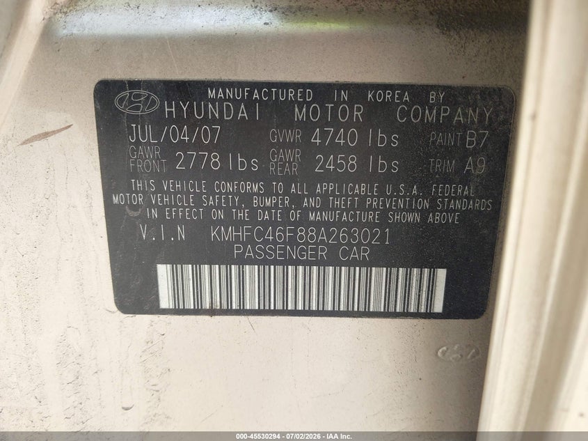 2008 Hyundai Azera VIN KMHFC46F88A263021 IAAI salvage auction — FRONT END, Salvage (Pennsylvania), sold $175 on 2026-07-19 (photo 9)
