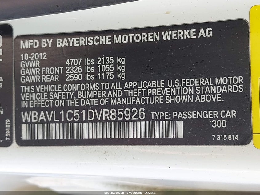 2013 BMW X1 VIN WBAVL1C51DVR85926 IAAI salvage auction — NORMAL WEAR, Clear (Louisiana), sold $1,550 on 2026-07-20 (photo 9)
