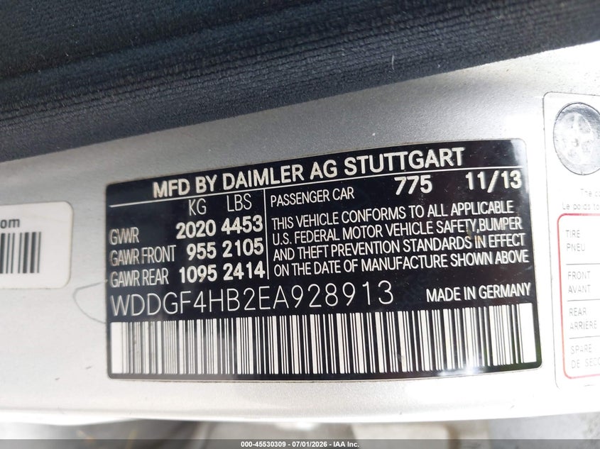 2014 Mercedes-benz VIN WDDGF4HB2EA928913 IAAI salvage auction — FRONT END, Salvage Title, sold $1,850 on 2026-08-13 (photo 9)