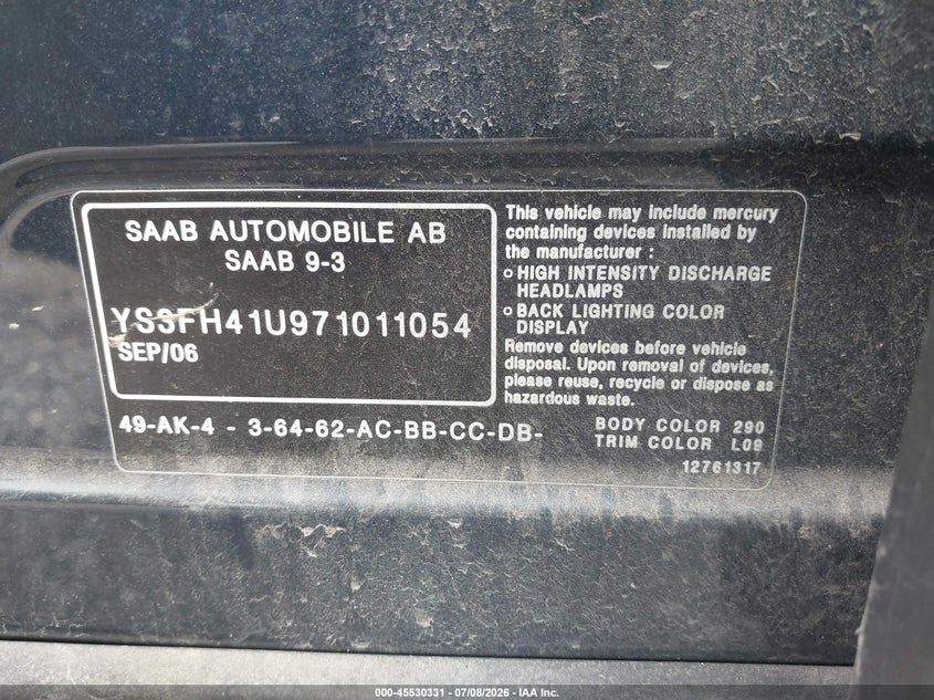 2007 Saab 9-3 VIN YS3FH41U971011054 IAAI salvage auction — NORMAL WEAR, Clear (Pennsylvania), sold $150 on 2026-07-22 (photo 9)