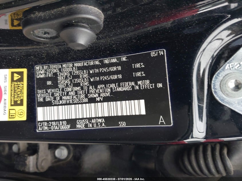 2014 Toyota Highlander VIN 5TDJKRFH1ES053388 IAAI salvage auction — FRONT END, Salvage Title, sold $3,200 on 2026-07-30 (photo 9)