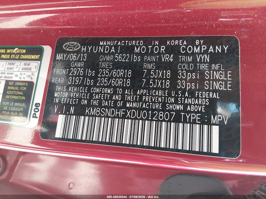 2013 Hyundai Santa fe VIN KM8SNDHFXDU012807 IAAI salvage auction — FRONT & REAR, Salvage - Dealer Only (Ohio), sold $1,300 on 2026-07-30 (photo 9)