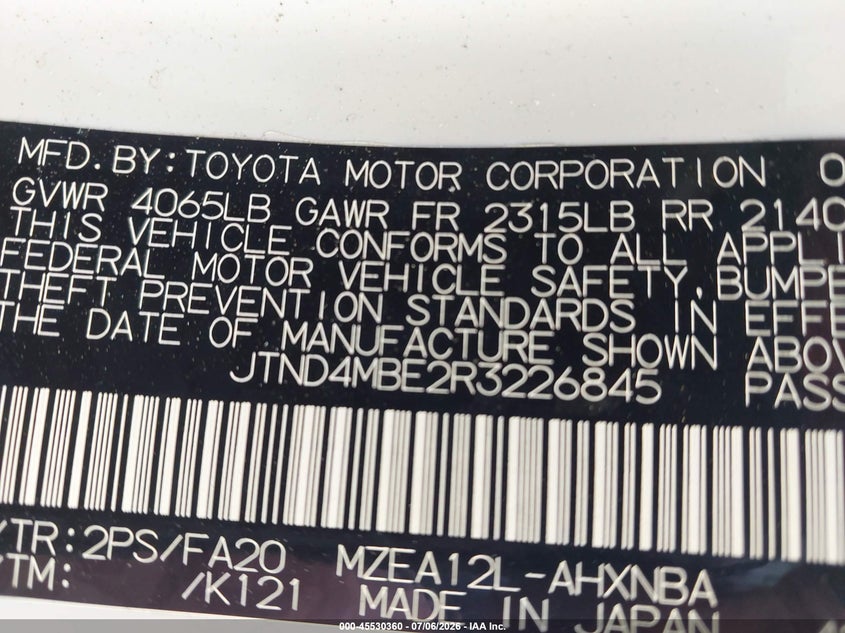 2024 Toyota Corolla VIN JTND4MBE2R3226845 IAAI salvage auction — REAR END, Salvage Title, sold $25 on 2026-07-27 (photo 9)