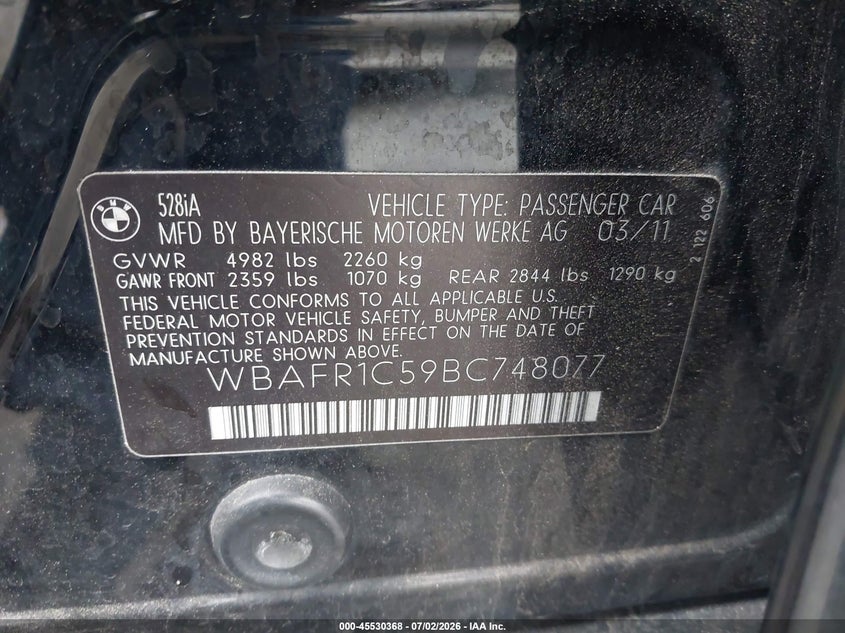 2011 BMW 5 series VIN WBAFR1C59BC748077 IAAI salvage auction — RIGHT REAR, Salvage Certificate (California), sold $975 on 2026-07-31 (photo 9)