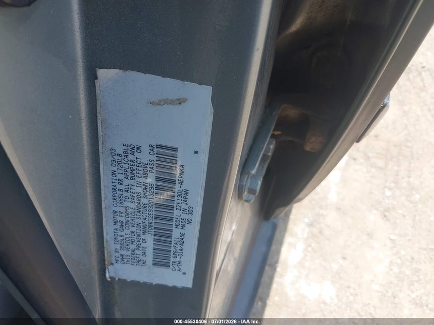 2003 Toyota Corolla VIN JTDBR32E932013296 IAAI salvage auction — NORMAL WEAR, Clear (New York), sold $900 on 2026-07-17 (photo 9)