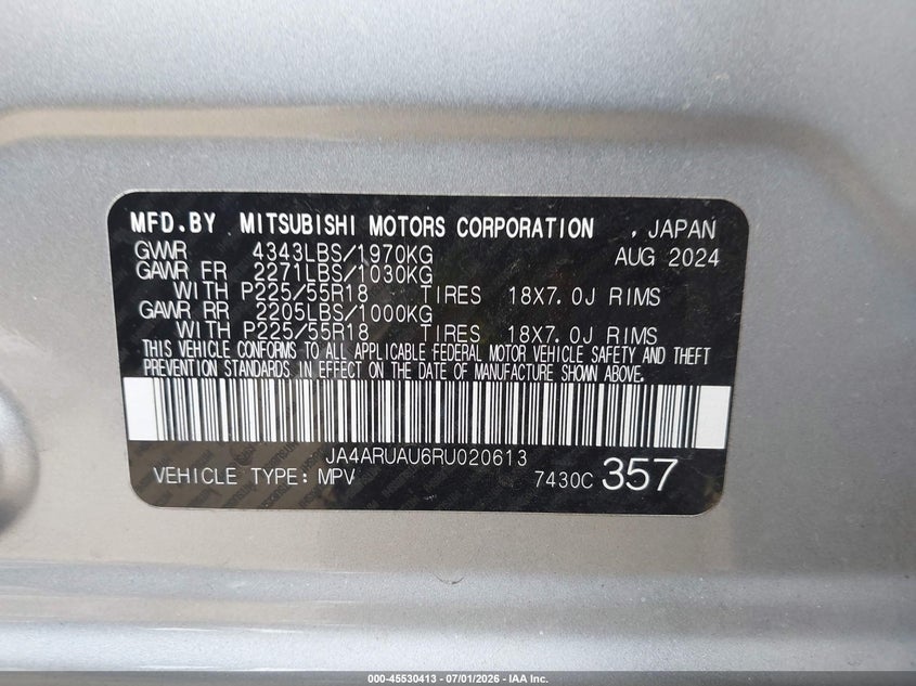 2024 Mitsubishi VIN JA4ARUAU6RU020613 IAAI salvage auction — FRONT END, Enterprise Vehicles Clear Only (Washington), sold $10,500 on 2026-07-08 (photo 9)