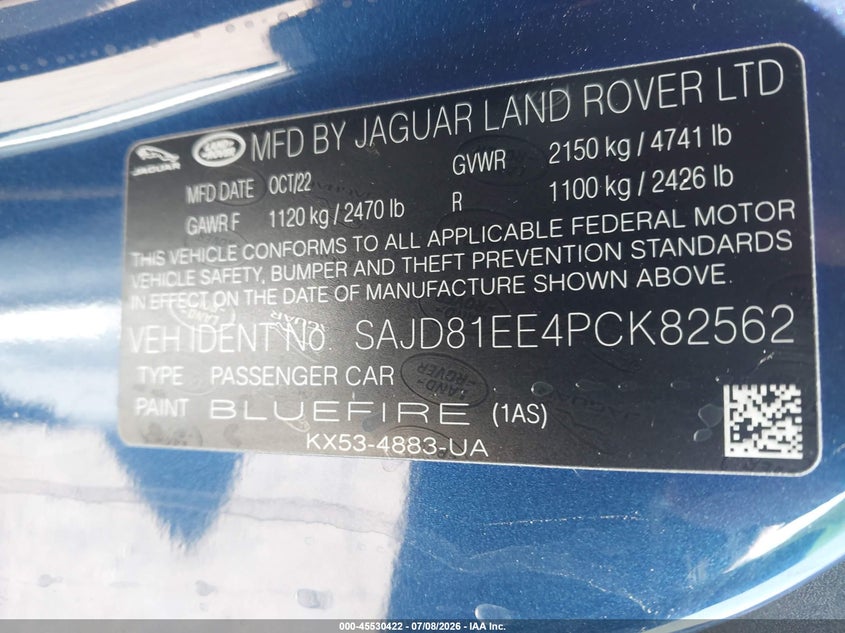 2023 Jaguar F-type VIN SAJD81EE4PCK82562 IAAI salvage auction — RIGHT FRONT, Salvage Title, sold $20,500 on 2026-08-06 (photo 9)