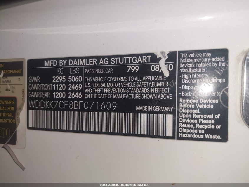 2011 Mercedes-benz E-class VIN WDDKK7CF8BF071609 IAAI salvage auction — REAR END, Salvage (Arizona), sold $2,550 on 2026-08-17 (photo 9)