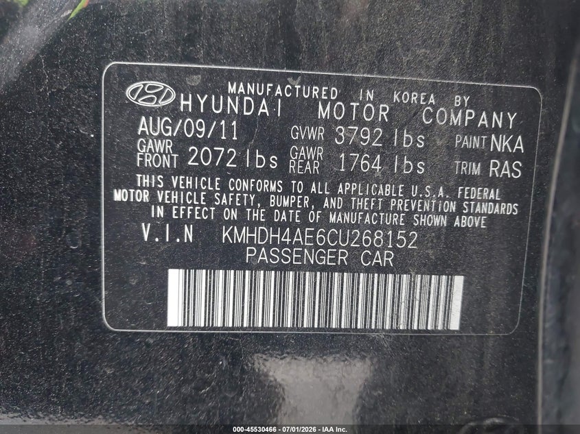 2012 Hyundai Elantra VIN KMHDH4AE6CU268152 IAAI salvage auction — REAR END, Salvage (California), sold $1,450 on 2026-07-23 (photo 9)