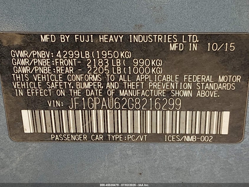 2016 Subaru Impreza VIN JF1GPAU62G8216299 IAAI salvage auction — FRONT END, Salvage (Nevada), sold $750 on 2026-07-24 (photo 9)