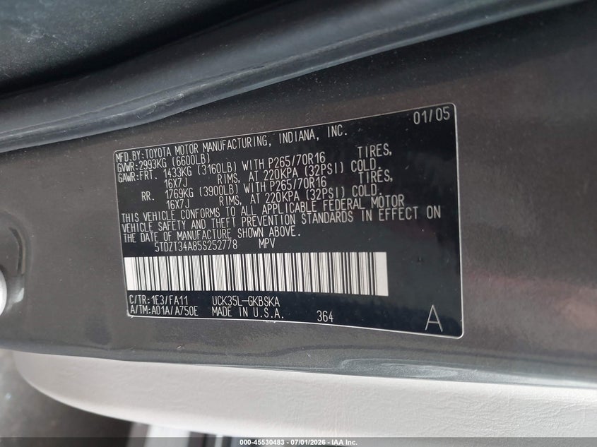 2005 Toyota Sequoia VIN 5TDZT34A85S252778 IAAI salvage auction — REAR END, Salvage Certificate (California), sold $1,600 on 2026-08-02 (photo 9)