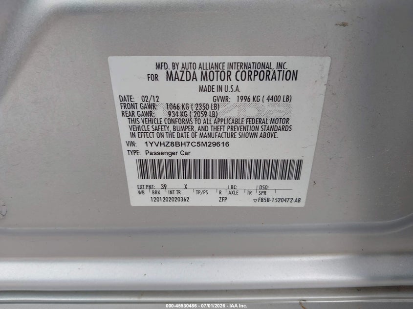 2012 Mazda VIN 1YVHZ8BH7C5M29616 IAAI salvage auction — REAR END, Salvage Title, sold $350 on 2026-07-30 (photo 9)