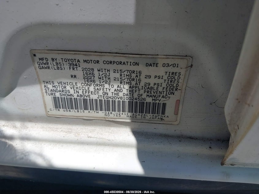 2001 Toyota Rav4 VIN JTEGH20V810024526 IAAI salvage auction — NORMAL WEAR, Clear - Dealer Only (California), sold $875 on 2026-07-29 (photo 9)