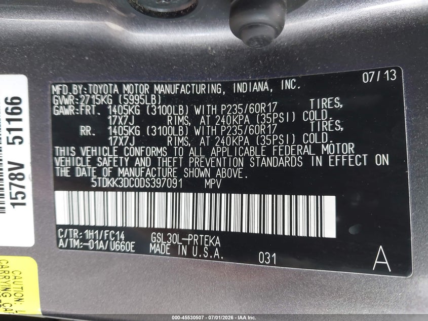 2013 Toyota Sienna VIN 5TDKK3DC0DS397091 IAAI salvage auction — FRONT END, Salvage Title, sold $2,650 on 2026-07-22 (photo 9)