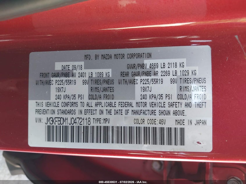 2018 Mazda Cx-5 VIN JM3KFBDM1J0472118 IAAI salvage auction — FRONT END, Salvage Title, sold $1,800 on 2026-07-21 (photo 9)