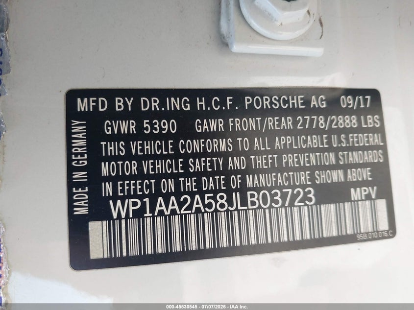 2018 Porsche Macan VIN WP1AA2A58JLB03723 IAAI salvage auction — FRONT END, Salvage Title, sold $7,300 on 2026-08-01 (photo 9)