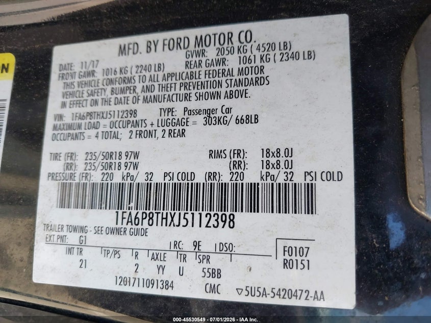 2018 Ford Mustang VIN 1FA6P8THXJ5112398 IAAI salvage auction — RIGHT FRONT, Salvage Title, sold $4,200 on 2026-07-10 (photo 9)