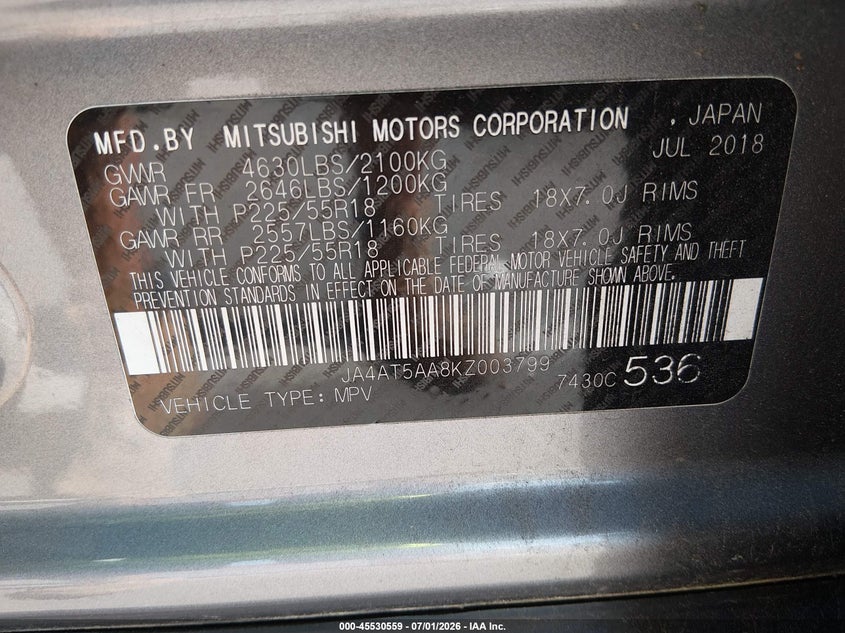 2019 Mitsubishi Eclipse cross VIN JA4AT5AA8KZ003799 IAAI salvage auction — FRONT END, Salvage Title, sold $2,800 on 2026-08-29 (photo 9)