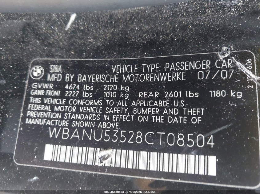 2008 BMW 5 series VIN WBANU53528CT08504 IAAI salvage auction — FRONT END, Salvage (Texas), sold $325 on 2026-07-22 (photo 9)
