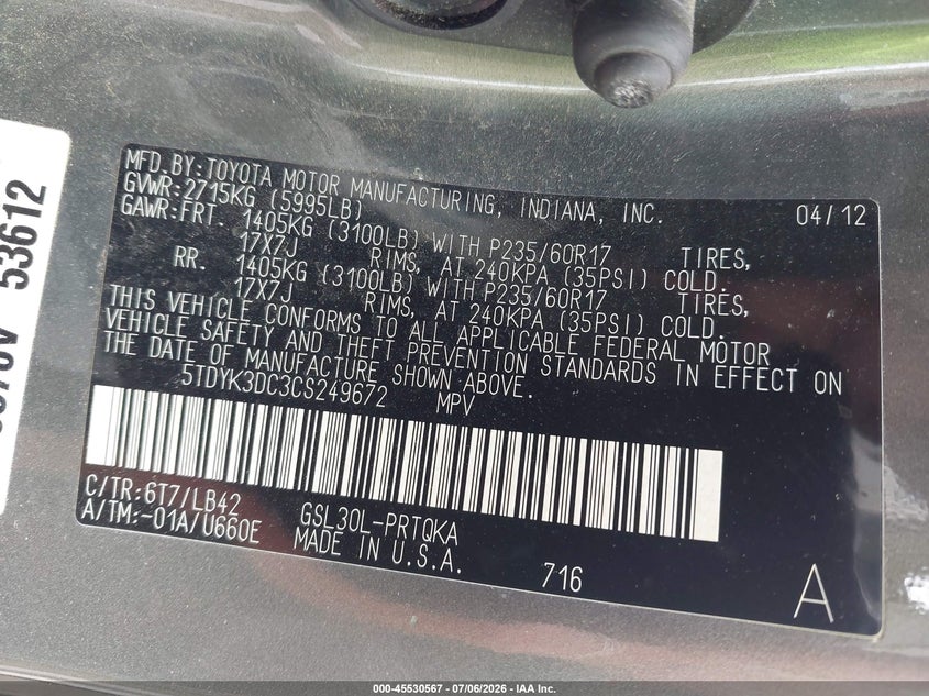 2012 Toyota Sienna VIN 5TDYK3DC3CS249672 IAAI salvage auction — NORMAL WEAR, Clear (New York), sold $2,125 on 2026-07-09 (photo 9)