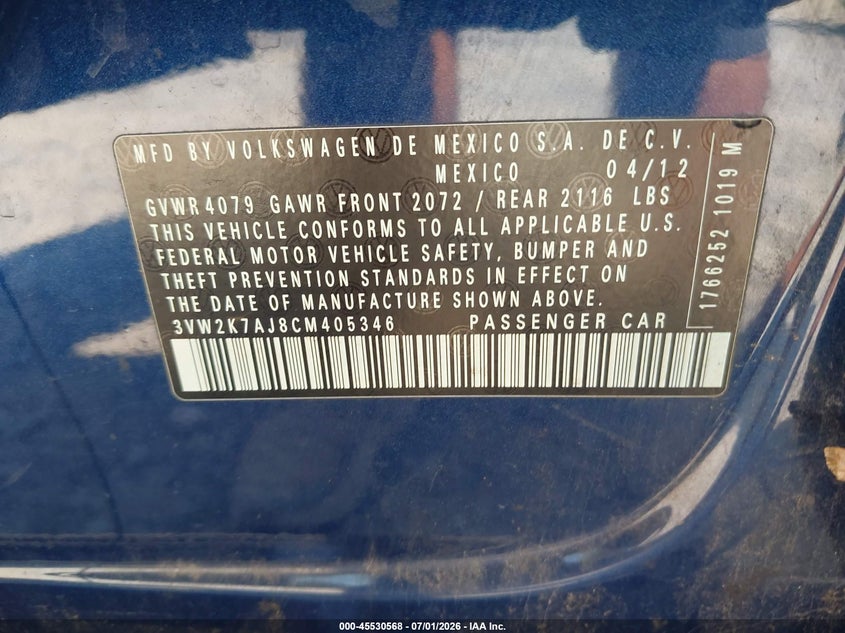 2012 Volkswagen Jetta VIN 3VW2K7AJ8CM405346 IAAI salvage auction — NORMAL WEAR, Clear (Alabama), sold $425 on 2026-08-03 (photo 9)