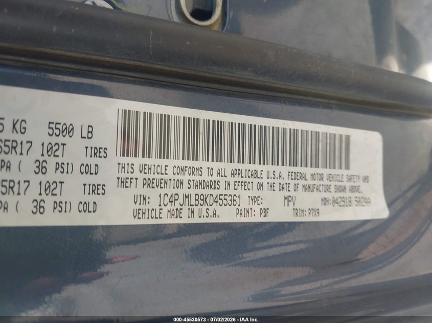 2019 Jeep Cherokee VIN 1C4PJMLB9KD455361 IAAI salvage auction — REAR END, Salvage (Oklahoma), sold $1,200 on 2026-08-31 (photo 9)