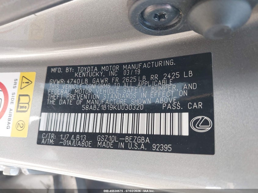 2019 Lexus ES VIN 58ABZ1B19KU030320 IAAI salvage auction — RIGHT FRONT, Salvage Title, sold $7,100 on 2026-07-29 (photo 9)