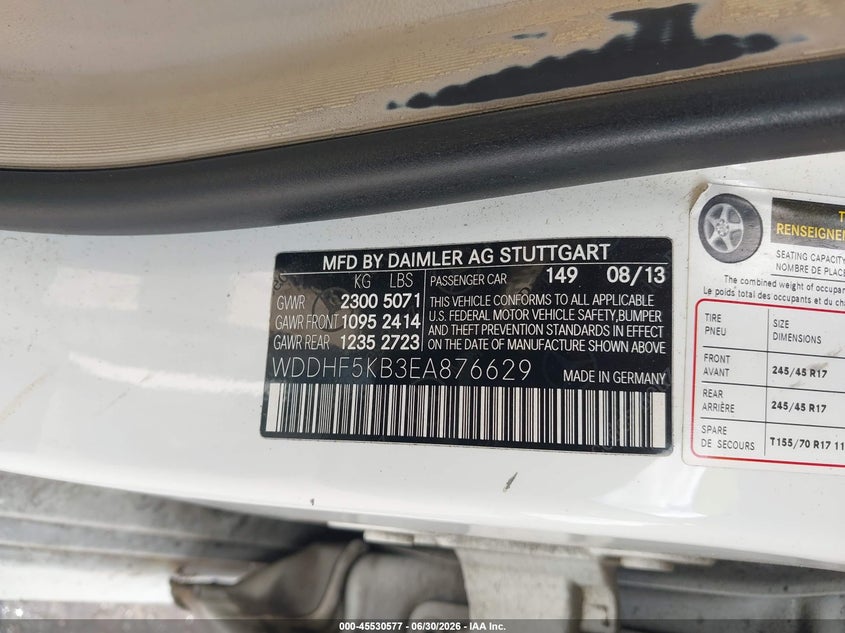 2014 Mercedes-benz E-class VIN WDDHF5KB3EA876629 IAAI salvage auction — NORMAL WEAR, Repossession Paperwork (Georgia), sold $1,300 on 2026-08-19 (photo 9)