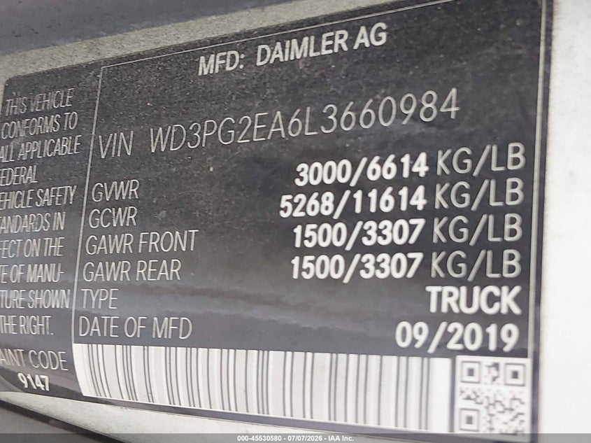2020 Mercedes-benz Metris VIN WD3PG2EA6L3660984 IAAI salvage auction — ENGINE DAMAGE, Enterprise Vehicles Clear Only (Texas), sold $1,375 on 2026-07-14 (photo 9)
