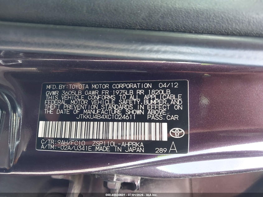 2012 Scion Xd VIN JTKKU4B4XC1024611 IAAI salvage auction — REAR END, Salvage Title, sold $725 on 2026-07-23 (photo 9)