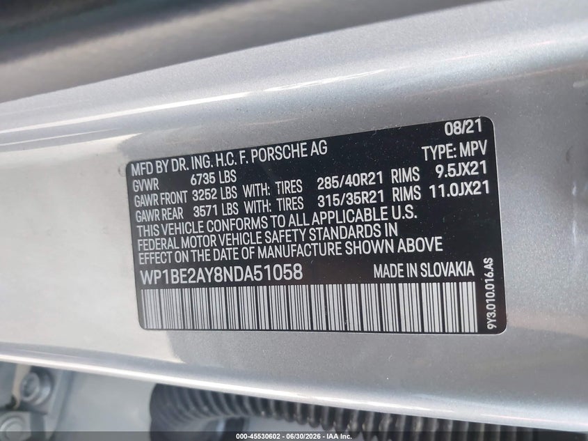 2022 Porsche Cayenne VIN WP1BE2AY8NDA51058 IAAI salvage auction — Front End, Salvage, sold $29,750 on 2026-07-08 (photo 9)