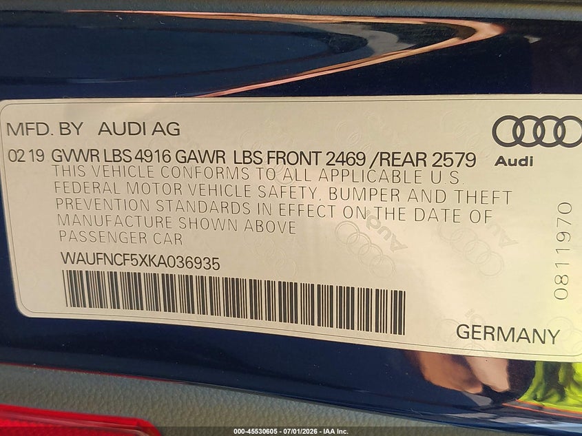 2019 Audi A5 VIN WAUFNCF5XKA036935 IAAI salvage auction — REAR END, Rebuildable (Florida), sold $4,650 on 2026-07-29 (photo 9)