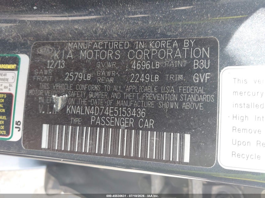 2014 Kia Cadenza VIN KNALN4D74E5153436 IAAI salvage auction — FRONT END, Salvage (Rhode Island), sold $725 on 2026-08-01 (photo 9)