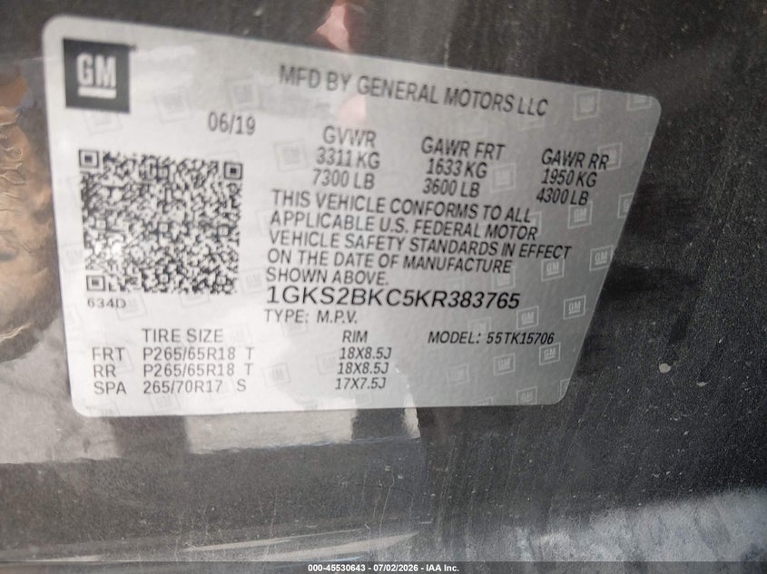 2019 Gmc Yukon VIN 1GKS2BKC5KR383765 IAAI salvage auction — LEFT FRONT, Salvage Title, sold $10,000 on 2026-08-26 (photo 9)