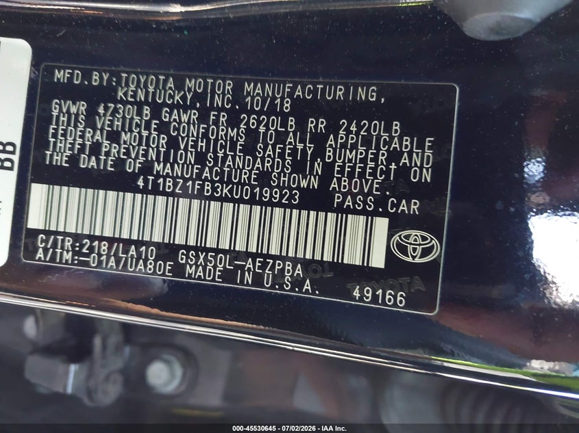 2019 Toyota Avalon VIN 4T1BZ1FB3KU019923 IAAI salvage auction — WATER/FLOOD, Salvage (Tennessee), sold $8,500 on 2026-07-29 (photo 9)