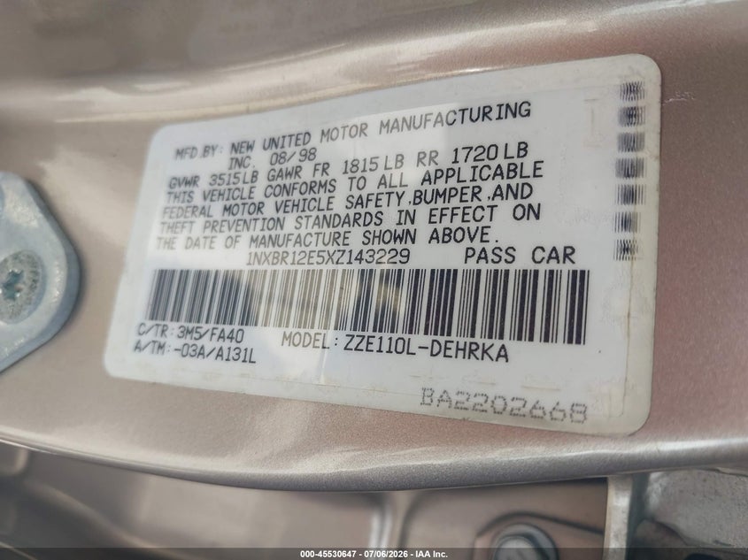 1999 Toyota Corolla VIN 1NXBR12E5XZ143229 IAAI salvage auction — NORMAL WEAR, Clear (Florida), sold $1,050 on 2026-07-09 (photo 9)