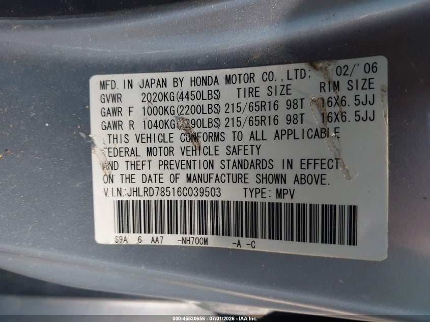 2006 Honda Cr-v VIN JHLRD78516C039503 IAAI salvage auction — NORMAL WEAR, Clear (New Jersey), sold $650 on 2026-07-29 (photo 9)