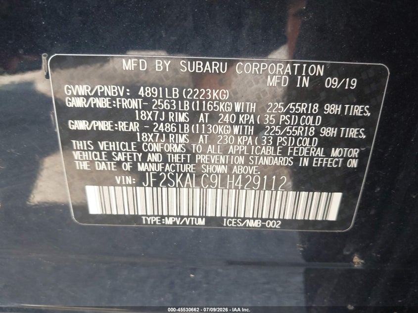 2020 Subaru Forester VIN JF2SKALC9LH429112 IAAI salvage auction — FRONT END, Mv-907A (New York), sold $2,650 on 2026-07-28 (photo 9)