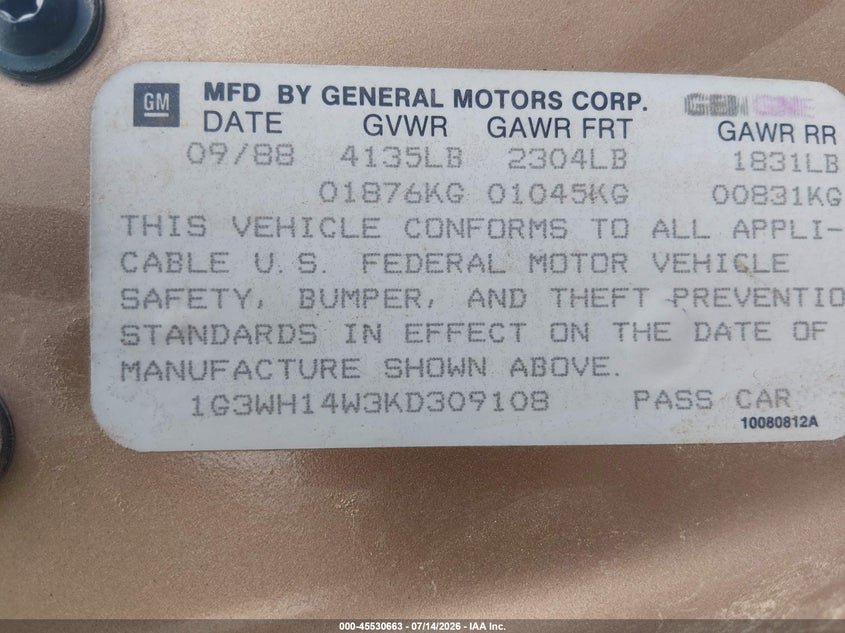 1989 Oldsmobile Cutlass supreme VIN 1G3WH14W3KD309108 IAAI salvage auction — NORMAL WEAR, Clear (Arizona), sold $25 on 2026-07-24 (photo 9)