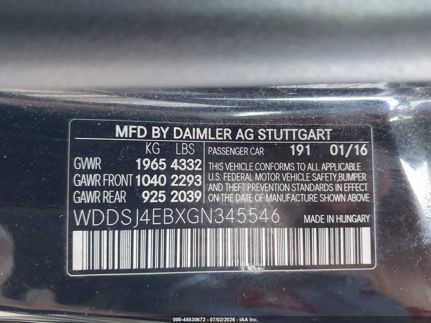 2016 Mercedes-benz Cla-klasse VIN WDDSJ4EBXGN345546 IAAI salvage auction — SIDE, Salvage Title, sold $4,950 on 2026-08-27 (photo 9)