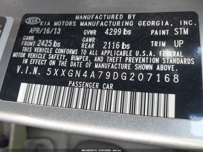 2013 Kia Optima VIN 5XXGN4A79DG207168 IAAI salvage auction — NORMAL WEAR, Clear-Dealer Only (Texas), sold $100 on 2026-07-24 (photo 9)