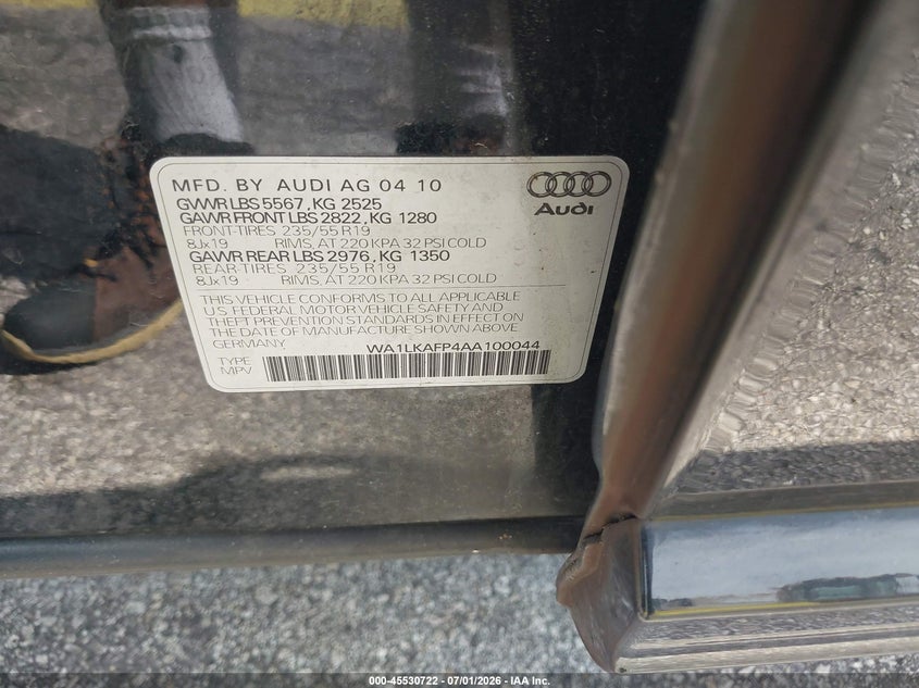 2010 Audi Q5 VIN WA1LKAFP4AA100044 IAAI salvage auction — FRONT END, Clear (Florida), sold $375 on 2026-07-23 (photo 9)